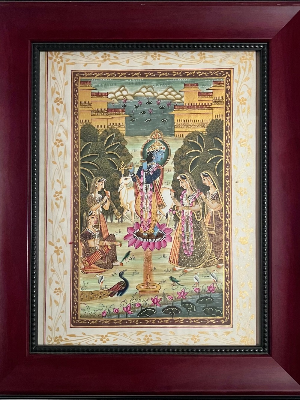 INDIA PICHWAI Gold Leaf Painting / KRISHNA, Gopis, SACRED COW & Peacock / 8.5x11